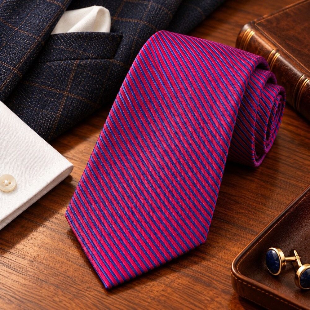 Bullock & Jones 100% Silk Tie Red Blue Stripe Made in England 59” Luxury Mens